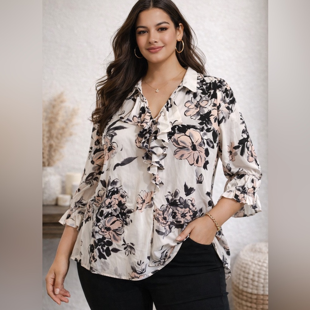 Karl Lagerfeld Paris XL Floral Blouse Ruffle Front Sheer Elegant Top